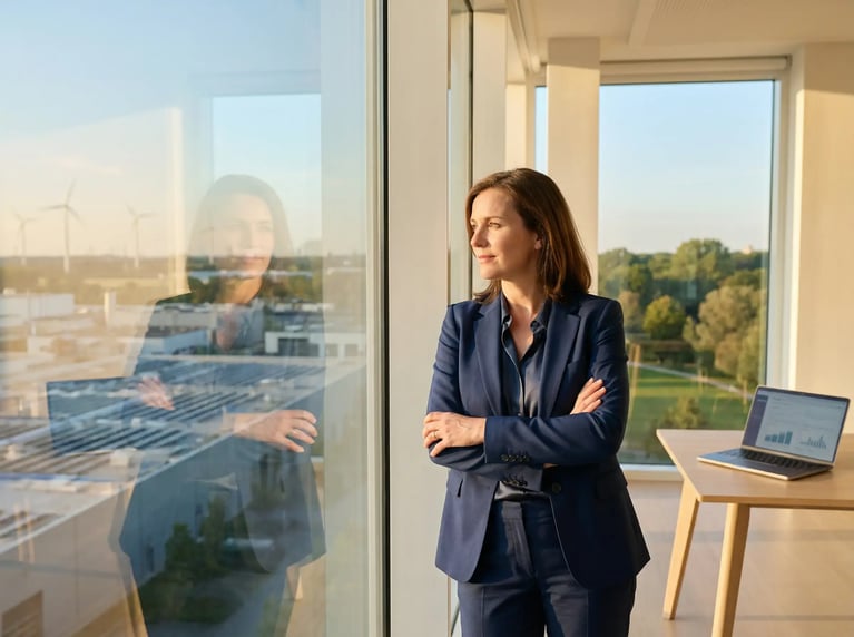 Geschäftsfrau blickt aus einem modernen Büro auf Windkraftanlagen und grüne Landschaft – im Fensterglas spiegeln sich Industriegebäude mit Solaranlagen, im Hintergrund ein Laptop mit ESG-Kennzahlen. Symbolbild für die strategische Umsetzung der CSRD-Nachhaltigkeitsberichterstattung.