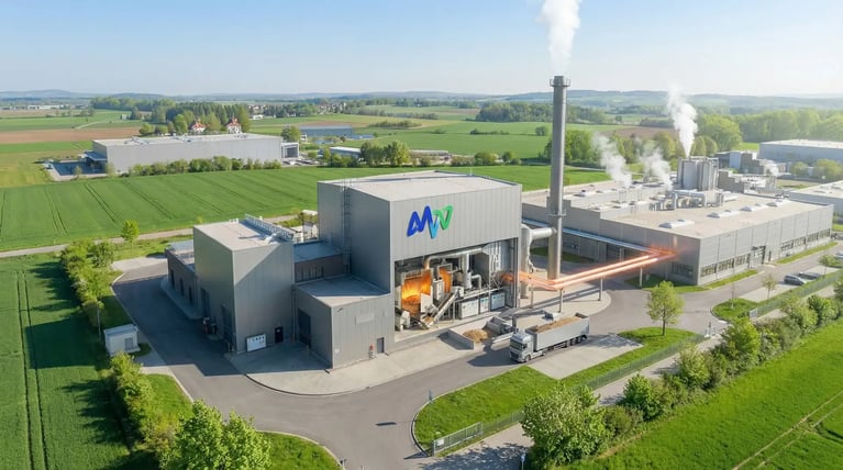 Luftaufnahme einer modernen MVV‑Biomasseanlage, die industrielle Gebäude über ein Contracting‑Modell nachhaltig mit Wärme und Energie versorgt.