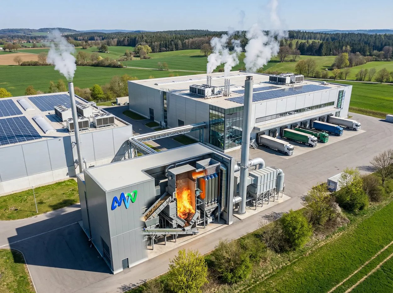 Luftaufnahme einer modernen MVV-Energieanlage mit integrierter Visualisierung des Verbrennungsprozesses im Kessel. Im Hintergrund befinden sich Produktionshallen mit Solarpaneelen auf den Dächern sowie mehrere LKW-Ladebereiche, umgeben von grüner Landschaft und Feldern.