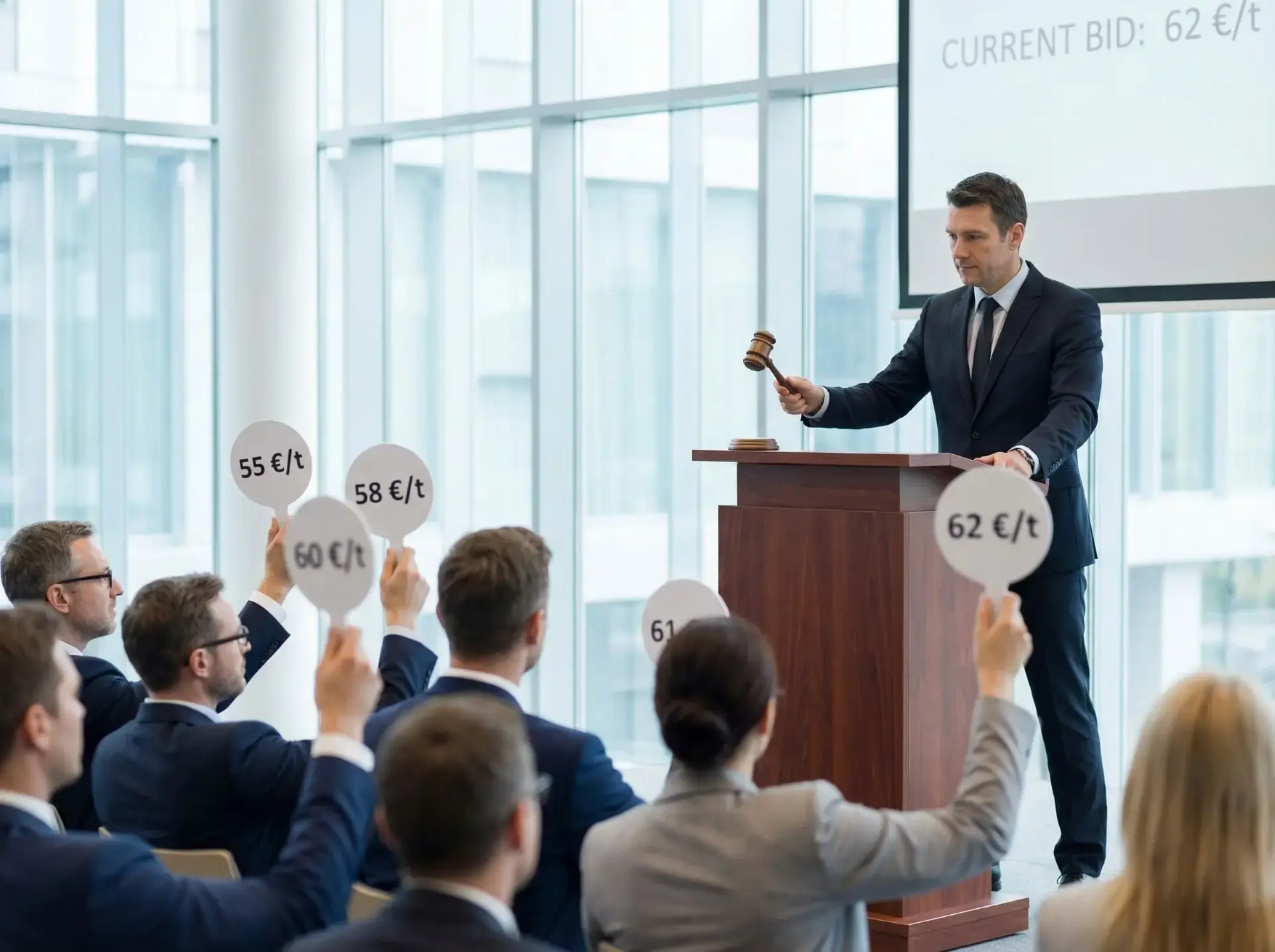 Symbolbild für den Start der Versteigerungsphase im nationalen Emissionshandel (BEHG) ab 2026: Ein Auktionator am Pult nimmt Gebote entgegen, während Marktteilnehmer Schilder mit Preisen in Euro pro Tonne hochhalten, was die Ermittlung des CO2-Preises im neuen Preiskorridor darstellt.
